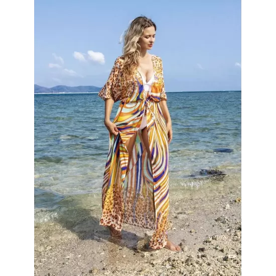 Chiffon Short Sleeve V-Neck Drawstring Cover-Up Swimwear Chiffon Short Sleeve V-Neck Drawstring Cover-Up Swimwear