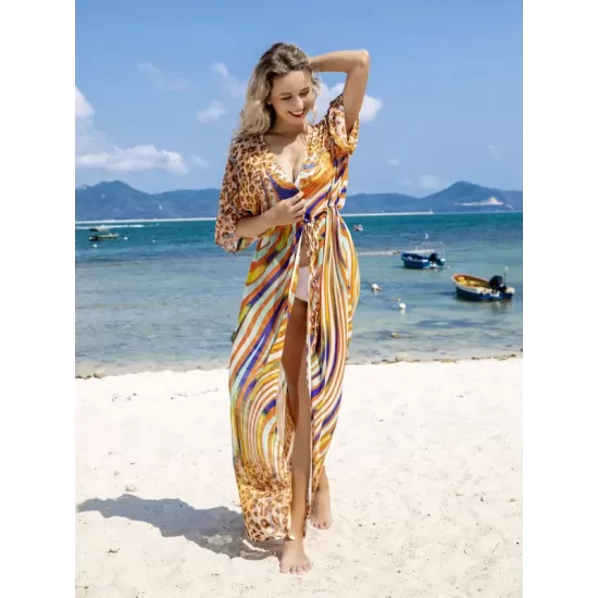 Chiffon Short Sleeve V-Neck Drawstring Cover-Up Swimwear Chiffon Short Sleeve V-Neck Drawstring Cover-Up Swimwear