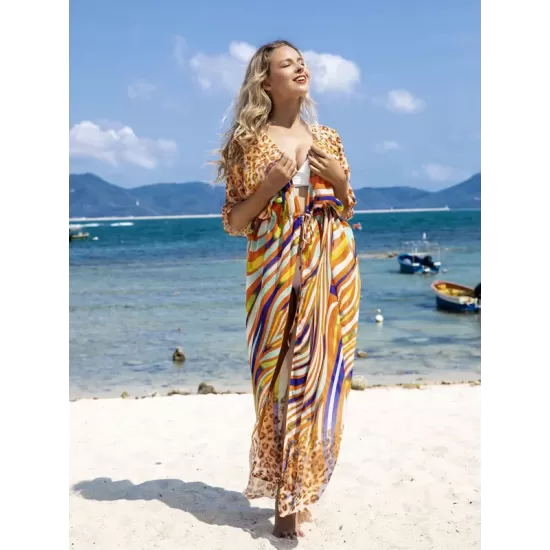 Chiffon Short Sleeve V-Neck Drawstring Cover-Up Swimwear Chiffon Short Sleeve V-Neck Drawstring Cover-Up Swimwear