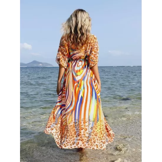 Chiffon Short Sleeve V-Neck Drawstring Cover-Up Swimwear Chiffon Short Sleeve V-Neck Drawstring Cover-Up Swimwear