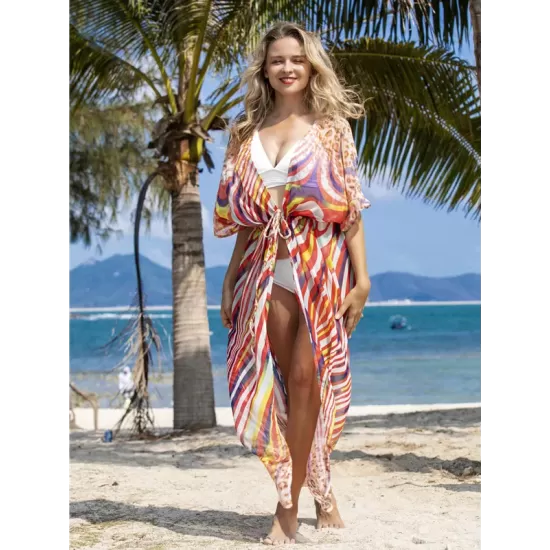 Chiffon Short Sleeve V-Neck Drawstring Cover-Up Swimwear Chiffon Short Sleeve V-Neck Drawstring Cover-Up Swimwear