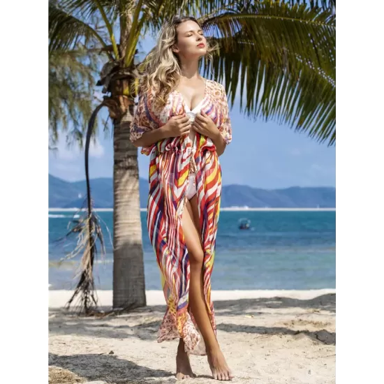 Chiffon Short Sleeve V-Neck Drawstring Cover-Up Swimwear Chiffon Short Sleeve V-Neck Drawstring Cover-Up Swimwear