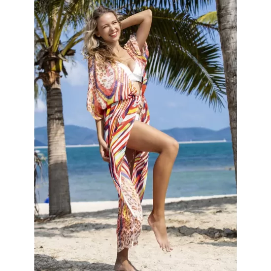 Chiffon Short Sleeve V-Neck Drawstring Cover-Up Swimwear Chiffon Short Sleeve V-Neck Drawstring Cover-Up Swimwear