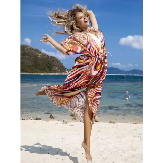 Chiffon Short Sleeve V-Neck Drawstring Cover-Up Swimwear Chiffon Short Sleeve V-Neck Drawstring Cover-Up Swimwear