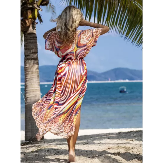 Chiffon Short Sleeve V-Neck Drawstring Cover-Up Swimwear Chiffon Short Sleeve V-Neck Drawstring Cover-Up Swimwear