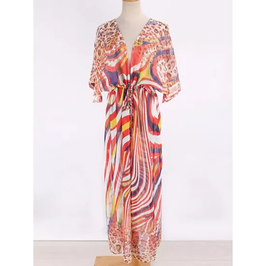Chiffon Short Sleeve V-Neck Drawstring Cover-Up Swimwear Chiffon Short Sleeve V-Neck Drawstring Cover-Up Swimwear