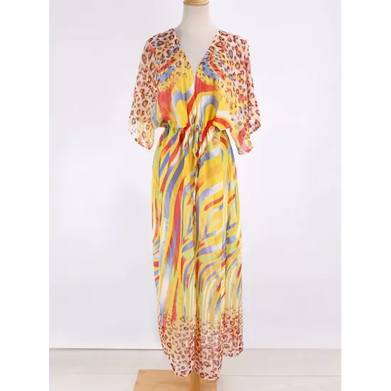Chiffon Short Sleeve V-Neck Drawstring Cover-Up Swimwear Chiffon Short Sleeve V-Neck Drawstring Cover-Up Swimwear