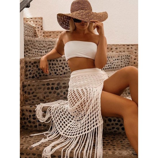 Knitted Hollow See-Through Split-Side Tasseled Cover-Up Swimwear Knitted Hollow See-Through Split-Side Tasseled Cover-Up Swimwear