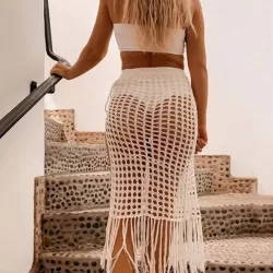 Knitted Hollow See-Through Split-Side Tasseled Cover-Up Swimwear