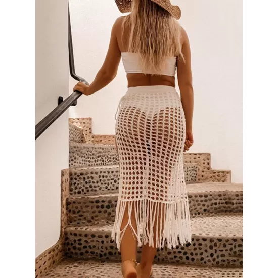 Knitted Hollow See-Through Split-Side Tasseled Cover-Up Swimwear Knitted Hollow See-Through Split-Side Tasseled Cover-Up Swimwear