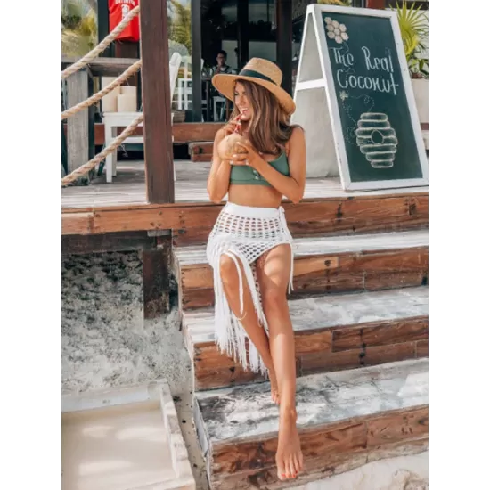 Knitted Hollow See-Through Split-Side Tasseled Cover-Up Swimwear Knitted Hollow See-Through Split-Side Tasseled Cover-Up Swimwear