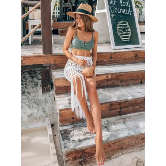 Knitted Hollow See-Through Split-Side Tasseled Cover-Up Swimwear Knitted Hollow See-Through Split-Side Tasseled Cover-Up Swimwear