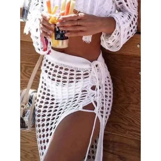 Knitted Hollow See-Through Split-Side Tasseled Cover-Up Swimwear Knitted Hollow See-Through Split-Side Tasseled Cover-Up Swimwear