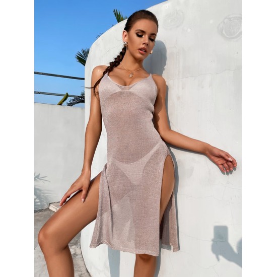 Spaghetti-Neck Hollow Split-Side See-Through Backless Cover-Up Swimwear Spaghetti-Neck Hollow Split-Side See-Through Backless Cover-Up Swimwear