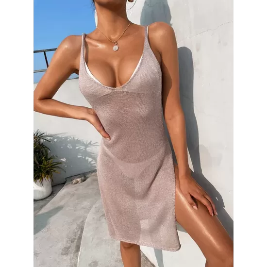Spaghetti-Neck Hollow Split-Side See-Through Backless Cover-Up Swimwear Spaghetti-Neck Hollow Split-Side See-Through Backless Cover-Up Swimwear