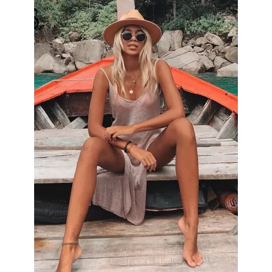Spaghetti-Neck Hollow Split-Side See-Through Backless Cover-Up Swimwear Spaghetti-Neck Hollow Split-Side See-Through Backless Cover-Up Swimwear