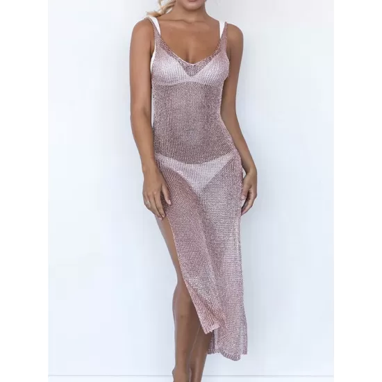 Spaghetti-Neck Hollow Split-Side See-Through Backless Cover-Up Swimwear Spaghetti-Neck Hollow Split-Side See-Through Backless Cover-Up Swimwear