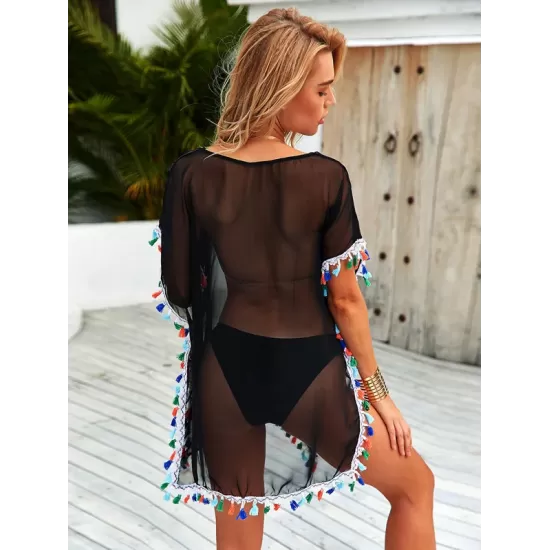 Round-Neck See-Through Mesh Split-Joint Tasseled Cover-Up Swimwear Round-Neck See-Through Mesh Split-Joint Tasseled Cover-Up Swimwear