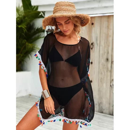 Round-Neck See-Through Mesh Split-Joint Tasseled Cover-Up Swimwear Round-Neck See-Through Mesh Split-Joint Tasseled Cover-Up Swimwear