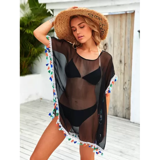 Round-Neck See-Through Mesh Split-Joint Tasseled Cover-Up Swimwear Round-Neck See-Through Mesh Split-Joint Tasseled Cover-Up Swimwear