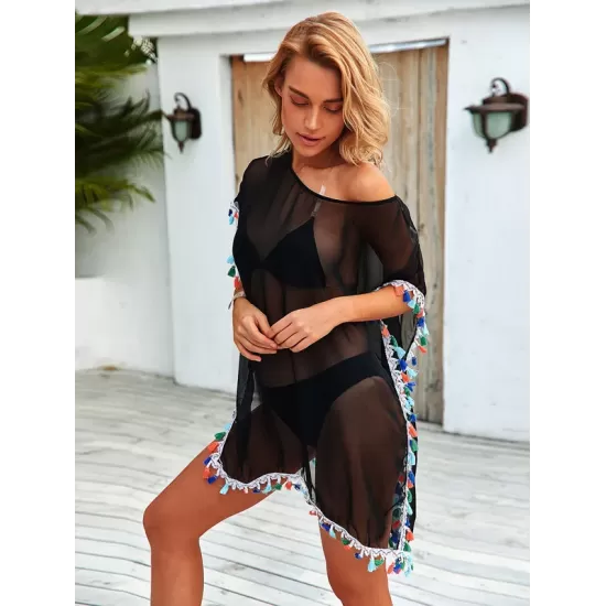 Round-Neck See-Through Mesh Split-Joint Tasseled Cover-Up Swimwear Round-Neck See-Through Mesh Split-Joint Tasseled Cover-Up Swimwear