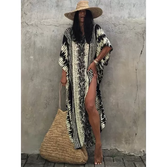 Loose H-Line V-Neck Bandage Snake-Print Cover-Up Swimwear Loose H-Line V-Neck Bandage Snake-Print Cover-Up Swimwear