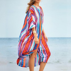 Striped Loose Pocket Cardigan Vacation Beach Cover-Up Swimwear