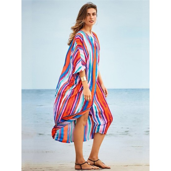 Striped Loose Pocket Cardigan Vacation Beach Cover-Up Swimwear Striped Loose Pocket Cardigan Vacation Beach Cover-Up Swimwear