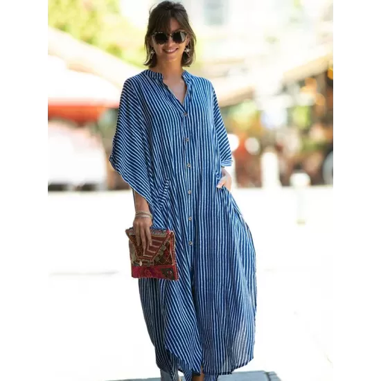 Striped Loose Pocket Cardigan Vacation Beach Cover-Up Swimwear Striped Loose Pocket Cardigan Vacation Beach Cover-Up Swimwear
