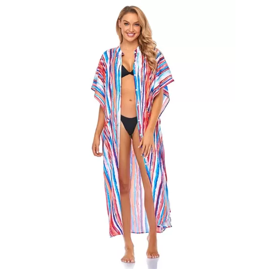 Striped Loose Pocket Cardigan Vacation Beach Cover-Up Swimwear Striped Loose Pocket Cardigan Vacation Beach Cover-Up Swimwear