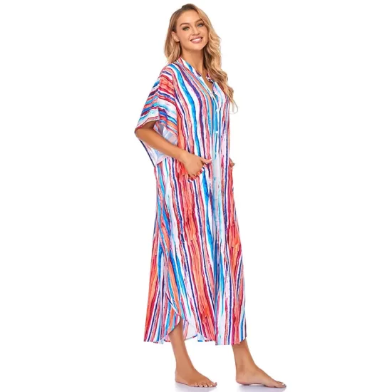 Striped Loose Pocket Cardigan Vacation Beach Cover-Up Swimwear Striped Loose Pocket Cardigan Vacation Beach Cover-Up Swimwear