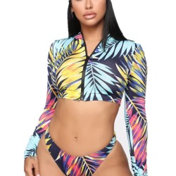 Leaf Print Long Sleeve Zipper Hipster With Turban Wetsuit Swimwear