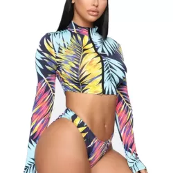 Leaf Print Long Sleeve Zipper Hipster With Turban Wetsuit Swimwear