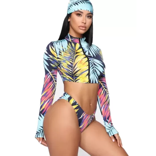 Leaf Print Long Sleeve Zipper Hipster With Turban Wetsuit Swimwear Leaf Print Long Sleeve Zipper Hipster With Turban Wetsuit Swimwear