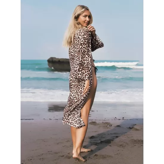 Leopard Split-Side Cardigan Vacation Beach Cover-Up Swimwear Leopard Split-Side Cardigan Vacation Beach Cover-Up Swimwear