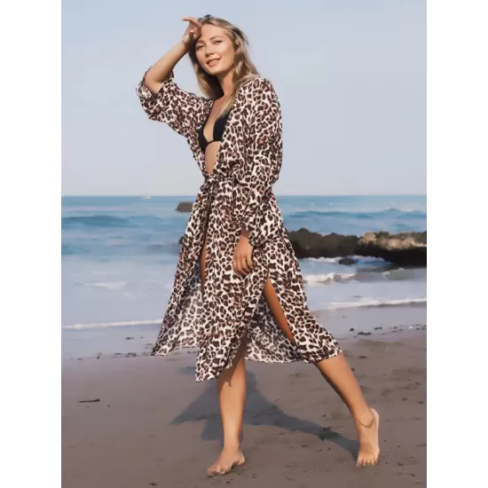 Leopard Split-Side Cardigan Vacation Beach Cover-Up Swimwear Leopard Split-Side Cardigan Vacation Beach Cover-Up Swimwear