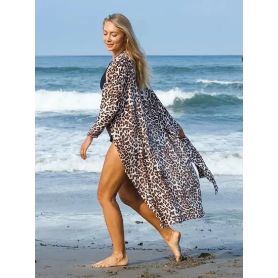 Leopard Split-Side Cardigan Vacation Beach Cover-Up Swimwear Leopard Split-Side Cardigan Vacation Beach Cover-Up Swimwear