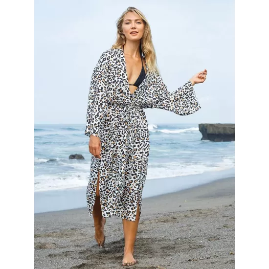 Leopard Split-Side Cardigan Vacation Beach Cover-Up Swimwear Leopard Split-Side Cardigan Vacation Beach Cover-Up Swimwear