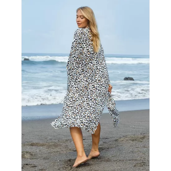Leopard Split-Side Cardigan Vacation Beach Cover-Up Swimwear Leopard Split-Side Cardigan Vacation Beach Cover-Up Swimwear