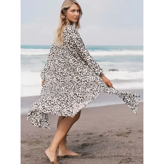 Leopard Split-Side Cardigan Vacation Beach Cover-Up Swimwear Leopard Split-Side Cardigan Vacation Beach Cover-Up Swimwear