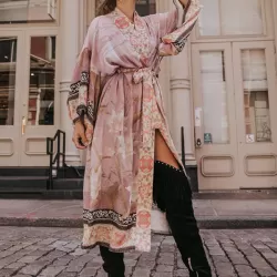 Rayon Floral Loose Caidigan Long Sleeve Beach Cover-Up Swimwear