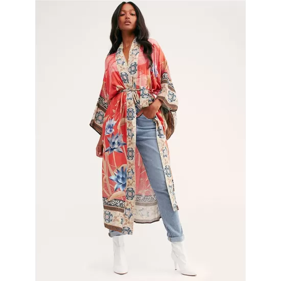 Rayon Floral Loose Caidigan Long Sleeve Beach Cover-Up Swimwear Rayon Floral Loose Caidigan Long Sleeve Beach Cover-Up Swimwear