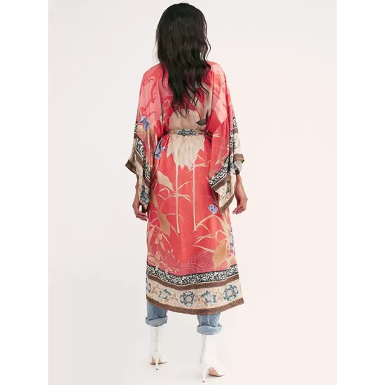 Rayon Floral Loose Caidigan Long Sleeve Beach Cover-Up Swimwear Rayon Floral Loose Caidigan Long Sleeve Beach Cover-Up Swimwear