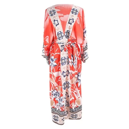 Rayon Floral Loose Caidigan Long Sleeve Beach Cover-Up Swimwear Rayon Floral Loose Caidigan Long Sleeve Beach Cover-Up Swimwear