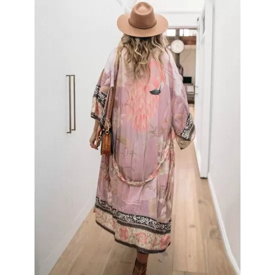 Rayon Floral Loose Caidigan Long Sleeve Beach Cover-Up Swimwear Rayon Floral Loose Caidigan Long Sleeve Beach Cover-Up Swimwear
