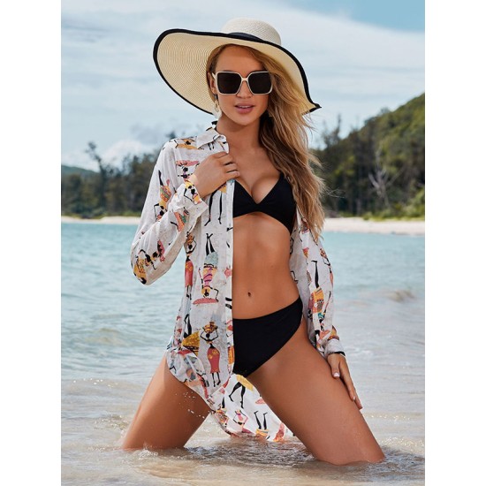 Cartoon Girl Print Long Sleeve Shirt-Style Beach Cover-Up Swimwear Cartoon Girl Print Long Sleeve Shirt-Style Beach Cover-Up Swimwear