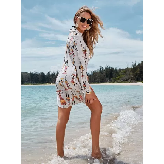 Cartoon Girl Print Long Sleeve Shirt-Style Beach Cover-Up Swimwear Cartoon Girl Print Long Sleeve Shirt-Style Beach Cover-Up Swimwear