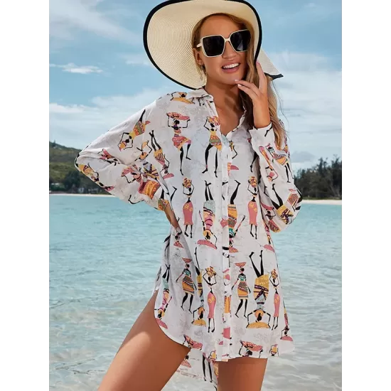 Cartoon Girl Print Long Sleeve Shirt-Style Beach Cover-Up Swimwear Cartoon Girl Print Long Sleeve Shirt-Style Beach Cover-Up Swimwear