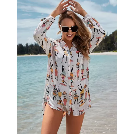 Cartoon Girl Print Long Sleeve Shirt-Style Beach Cover-Up Swimwear Cartoon Girl Print Long Sleeve Shirt-Style Beach Cover-Up Swimwear
