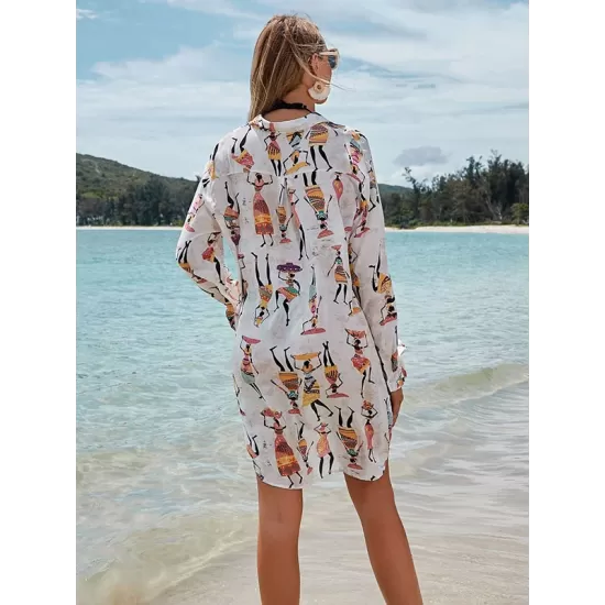Cartoon Girl Print Long Sleeve Shirt-Style Beach Cover-Up Swimwear Cartoon Girl Print Long Sleeve Shirt-Style Beach Cover-Up Swimwear